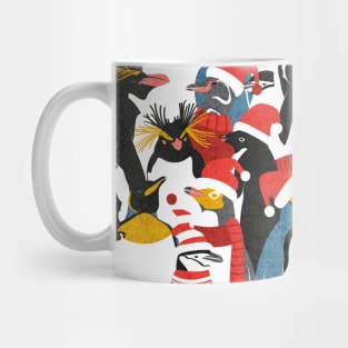 Merry penguins // pattern // black white grey dark teal yellow and coral type species of penguins red dressed for winter and Christmas season (King, African, Emperor, Gentoo, Galápagos, Macaroni, Adèlie, Rockhopper, Yellow-eyed, Chinstrap) Mug